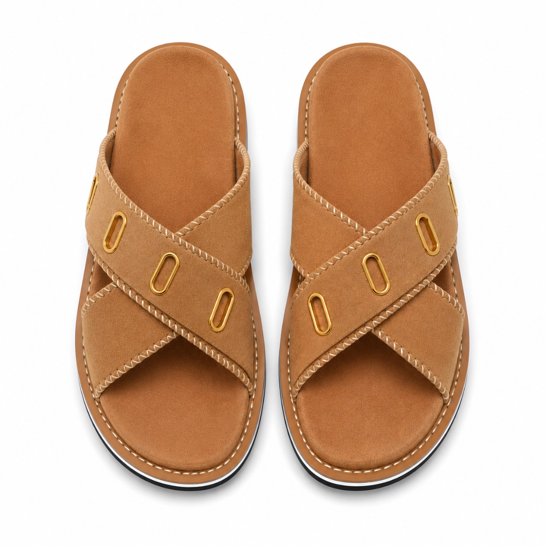 Mens Criss Cross Suede Slides with Gold Eyelet Detail